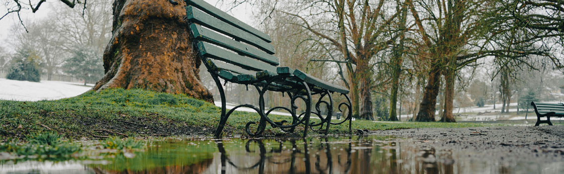 Park bench with flooding under it.