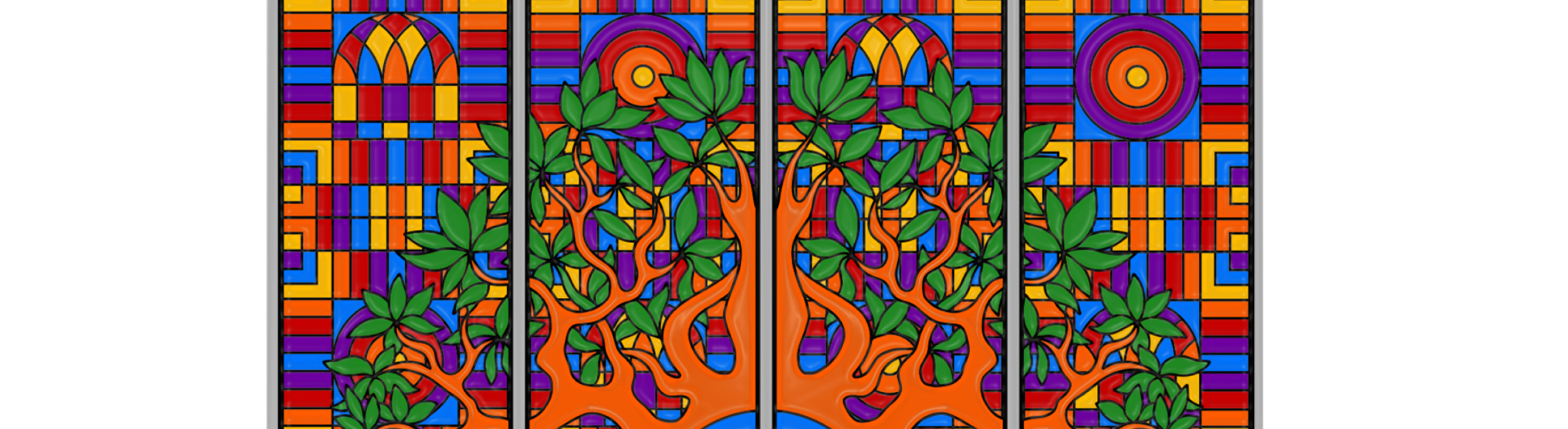 stained glass design of a large tree reaching up into bright, colorful panels