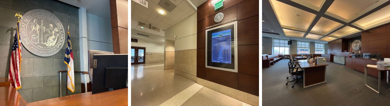 Three pictures inside Durham County Courthouse
