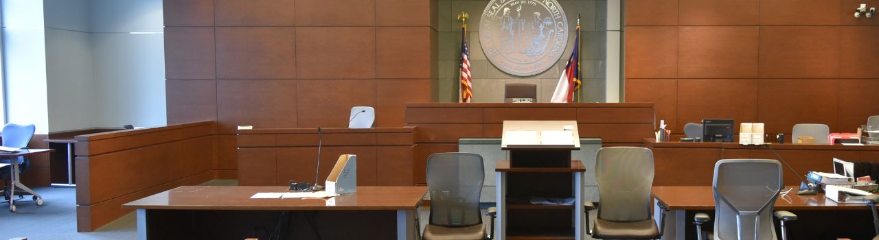 view of inside an empty courtroom inside Durham County Courthouse