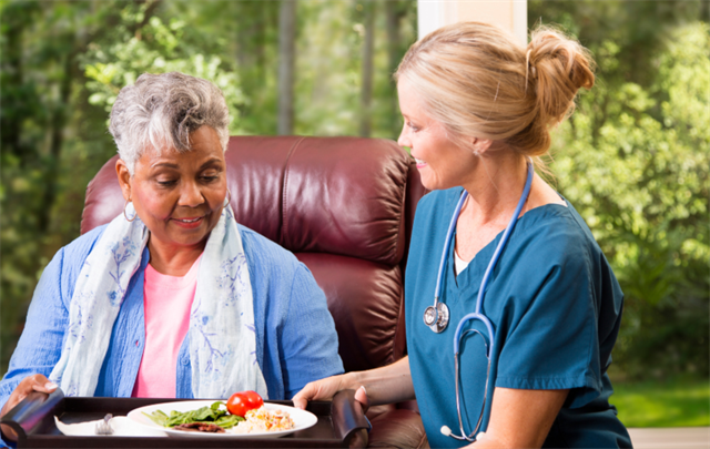 aide feeding elderly woman
